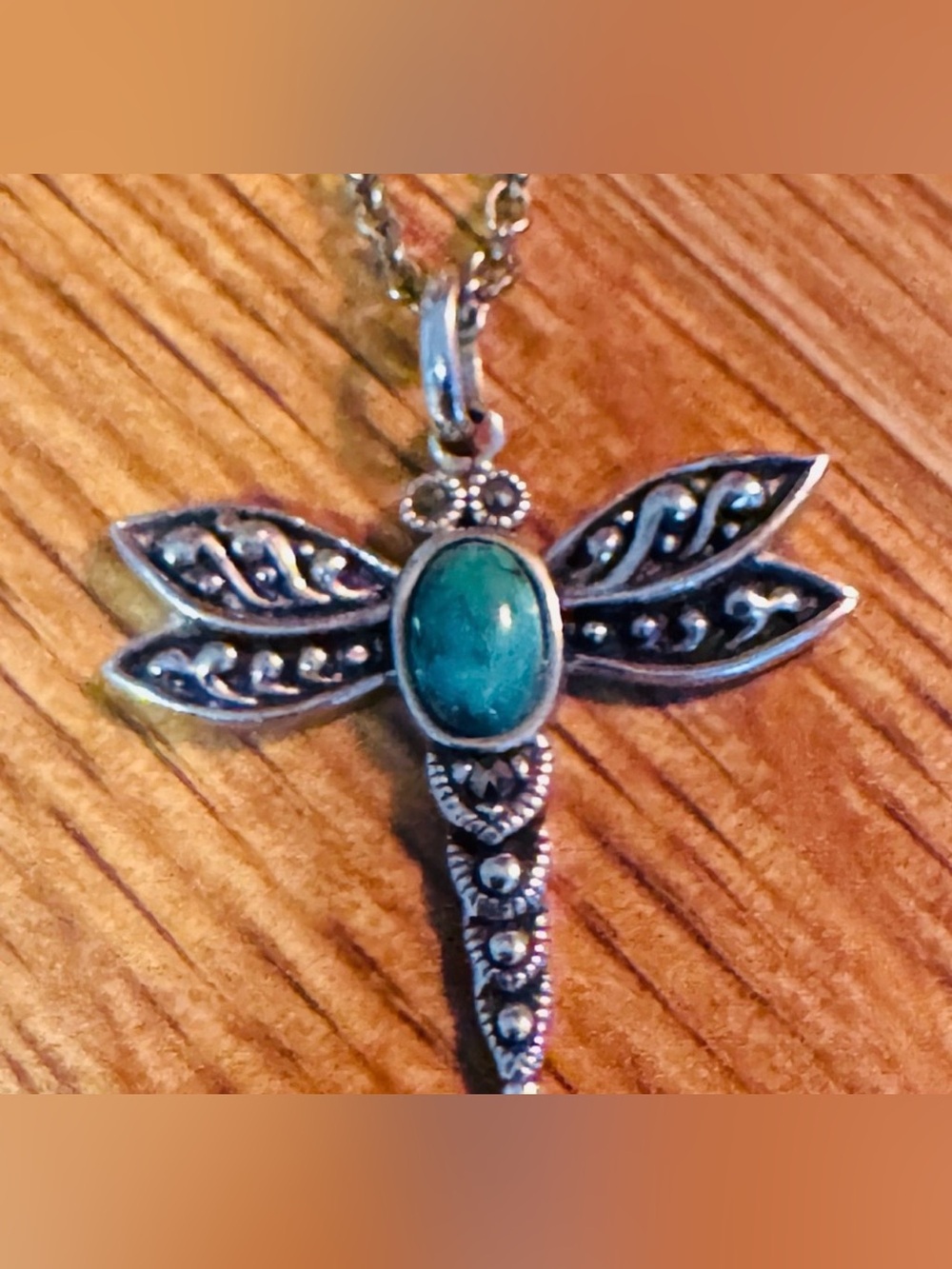 Sterling Silver Dragonfly Pendant Necklace with Teal Stone